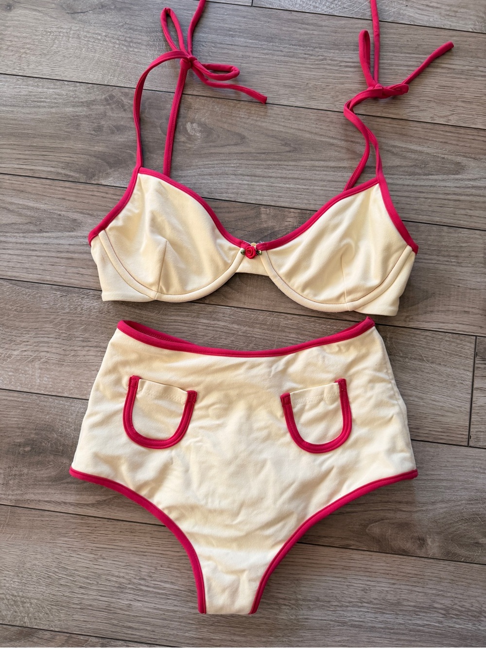 Montce Cream raspberry binded Bikini Set - dainty underwire top and Polly hi btm